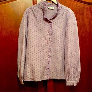 Rhoda Lee blouse Vintage/70s/purple/printed/ruffle/button down/retro/office